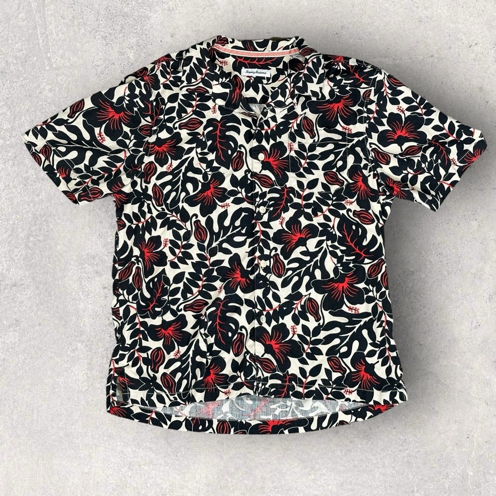 Tommy Bahama Islandzone Silk Hawaiian Shirt Floral Men’s Sz L Black White & Red